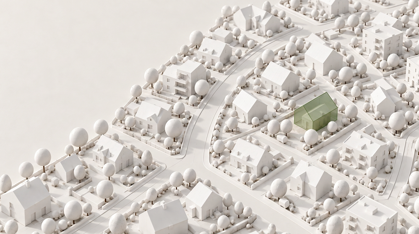 Architekturmodell eines Wohnquartiers mit hervorgehobenem Baupotenzial
